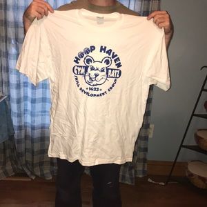 A white and blue hoop haven shirt